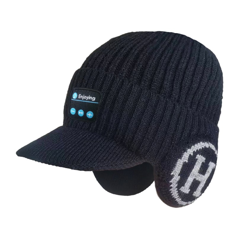 H-tvar s Brim Bluetooth Beanie Hat Sluchátka černá